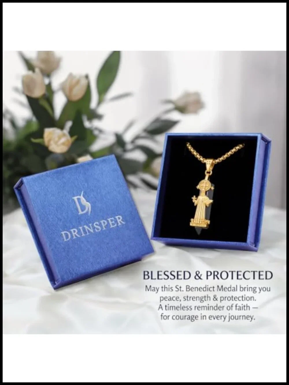 St Benedict Medal Crystal Necklace Gold Plated 925 Sterling Silver Catholic